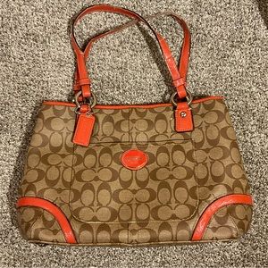 Coach Signature Print Leather Satchel Purse, tan & coral, EUC